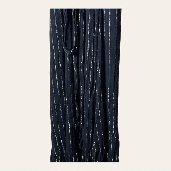 0408. MODCLOTH WRAP DRESS MAXI LENGTH BLACK WITH GOLD/SILVER IN COLOR STRIPES - Picture 14 of 15